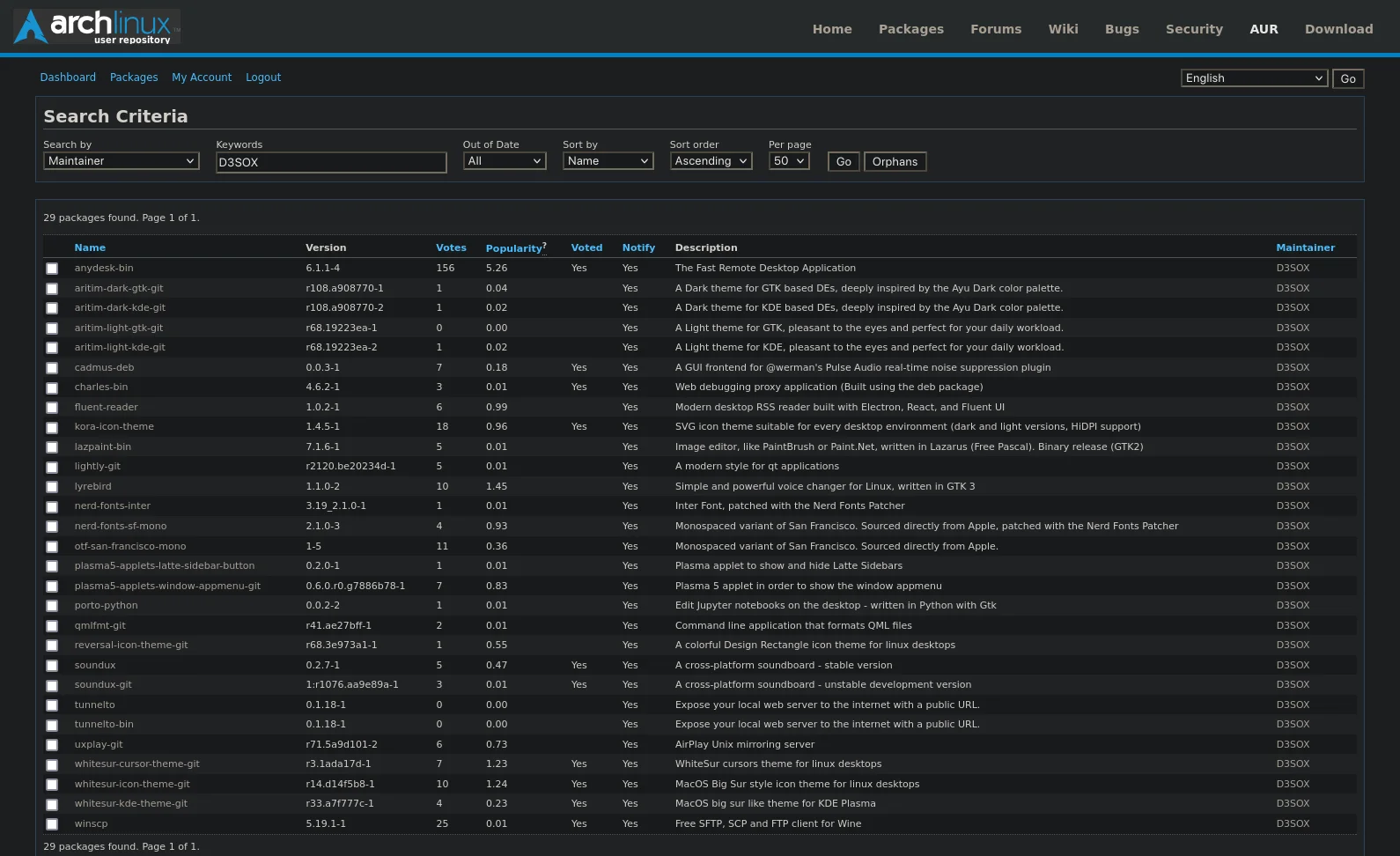 Arch User Repository packages maintained by D3SOX