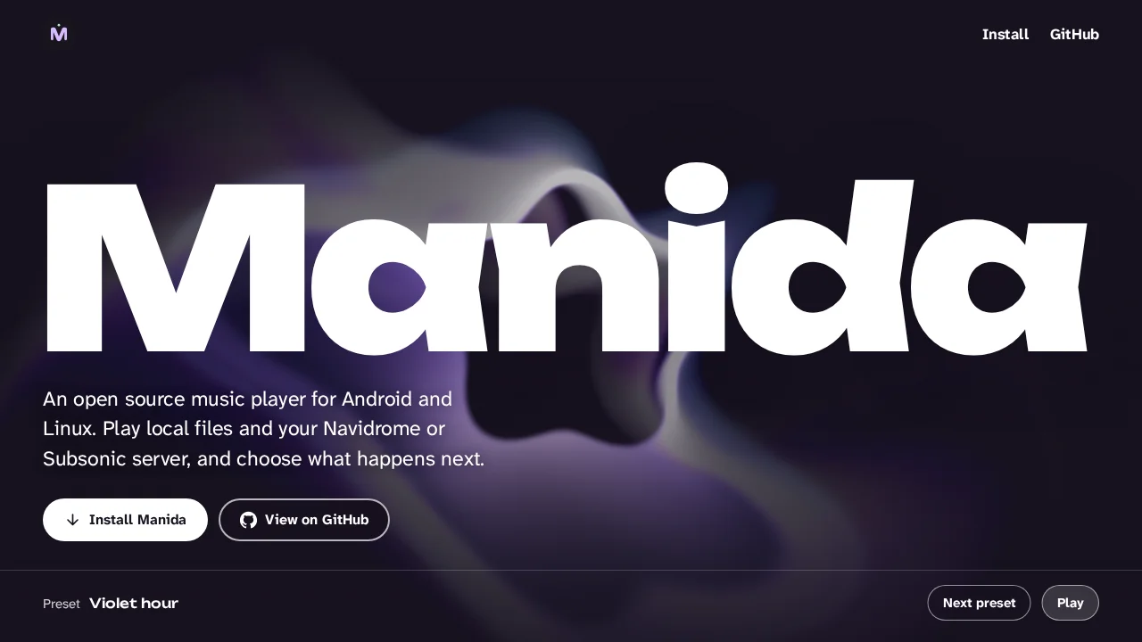 Manida website with a purple visualizer background