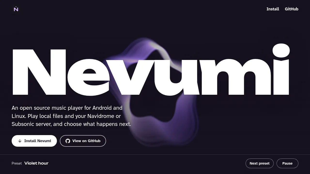 Nevumi website with a purple visualizer background