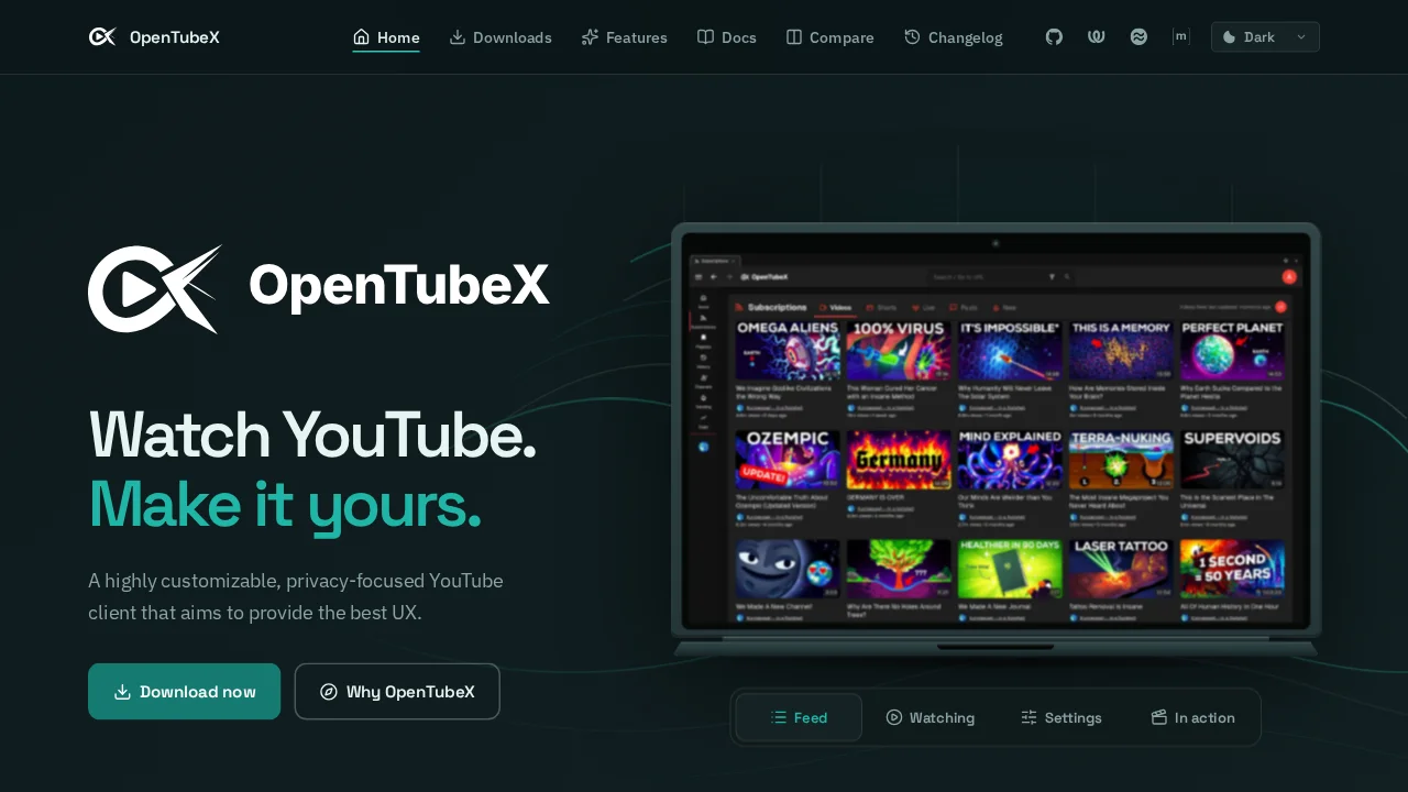 OpenTubeX website with the app's subscription feed on a laptop