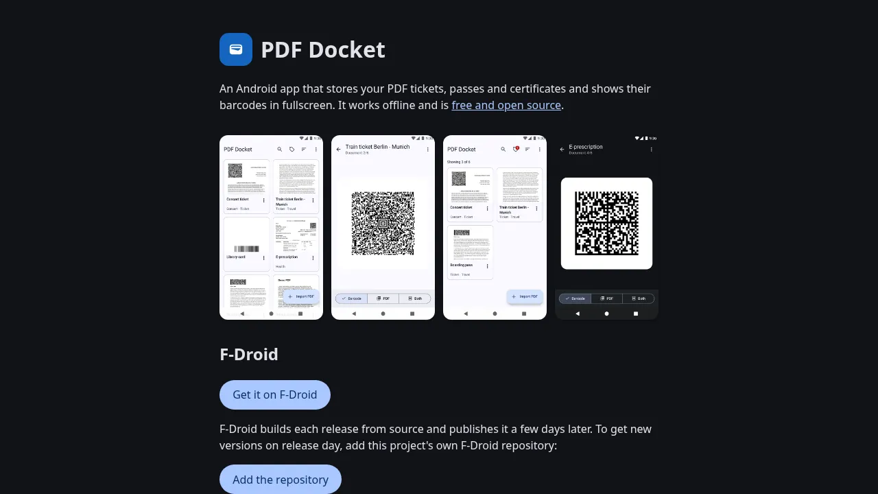 PDF Docket website with screenshots of the app's document list and fullscreen barcodes