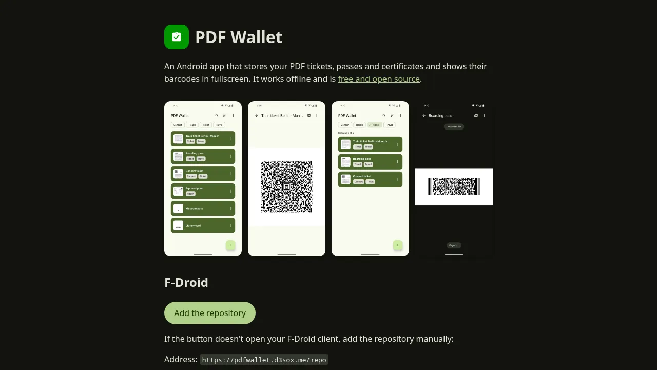 PDF Wallet website with screenshots of the app's document list and fullscreen barcodes