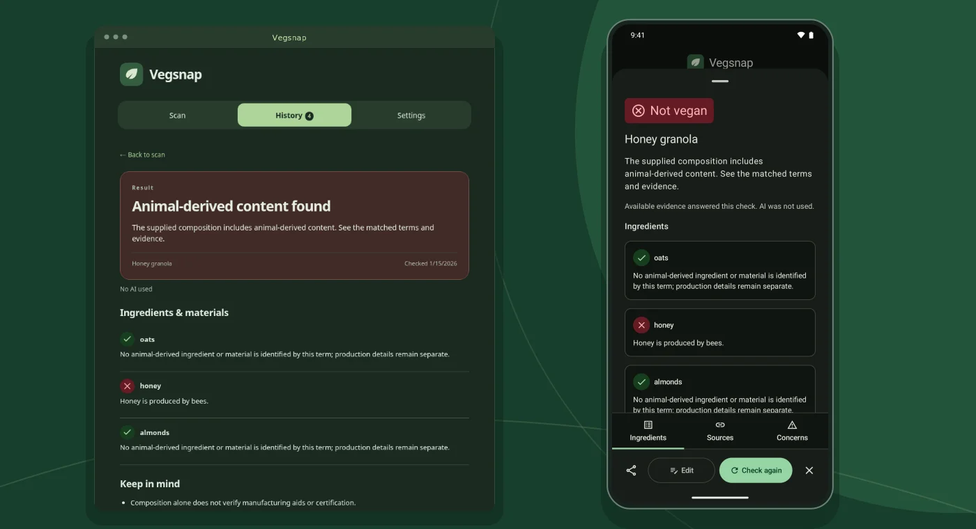 Vegsnap app and browser extension showing ingredient findings